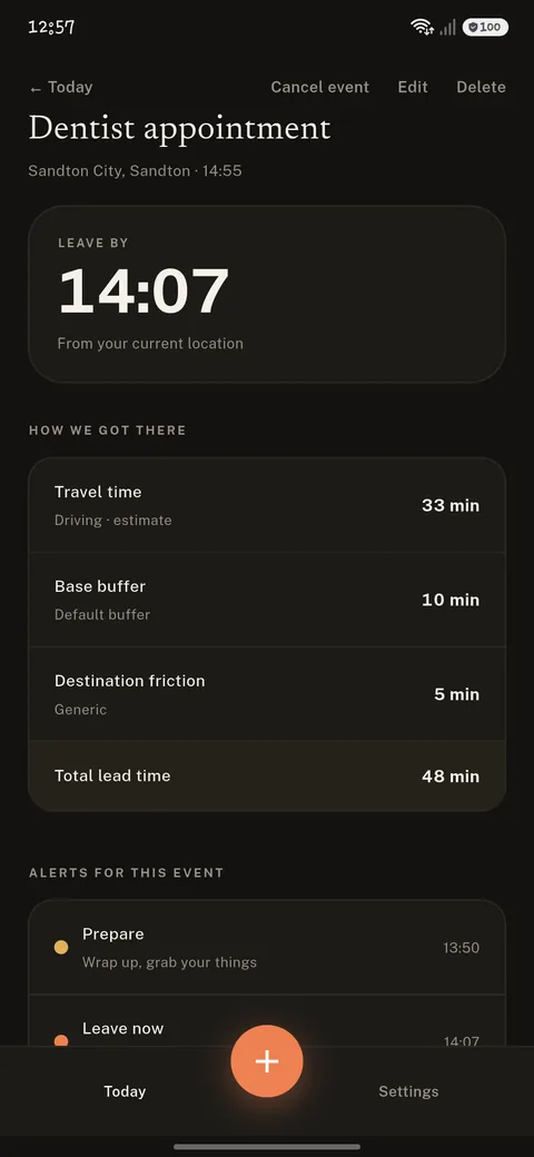 An event detail view breaking down travel time and buffer.