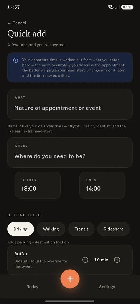 The quick-add screen for creating a new event.