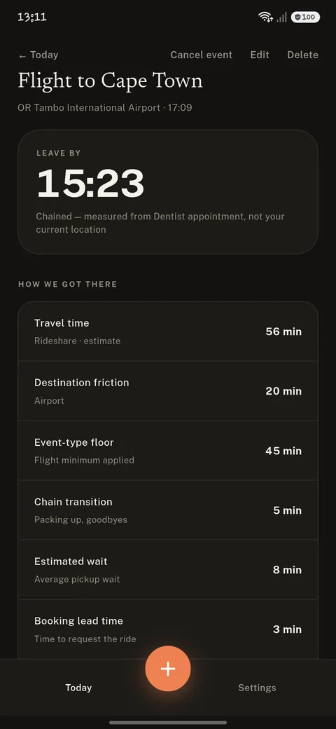 A chained flight event showing the departure calculation.