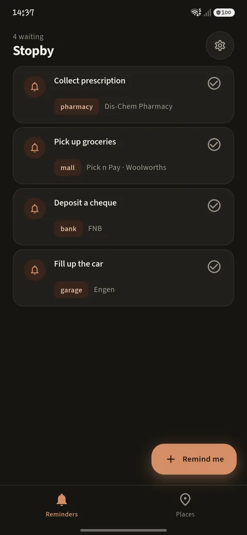 The reminder list, with each reminder tagged to the places where it can be done.