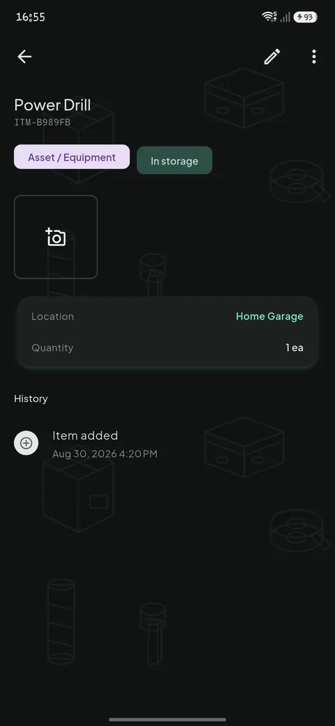An item's details — its category, location, quantity and history.